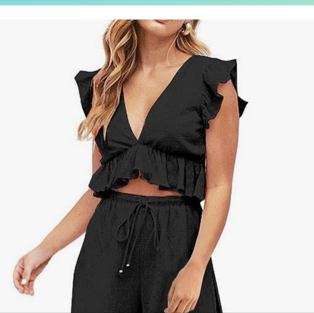 FancyInn black cropped ruffle hem v neck beach top, cotton, summer top large